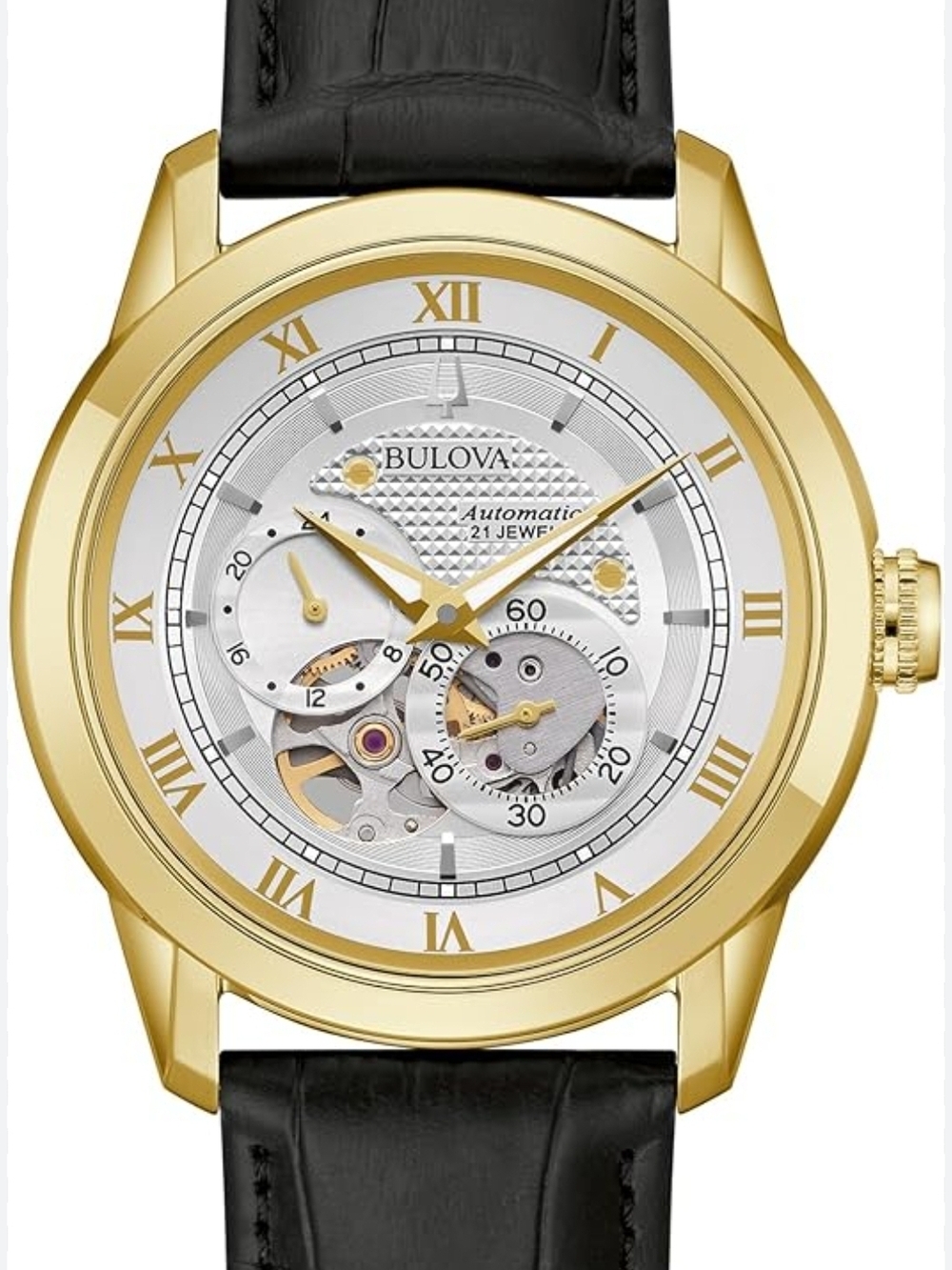 Bulova Gold-Tone Skeleton Dial Watch with Black Leather Strap